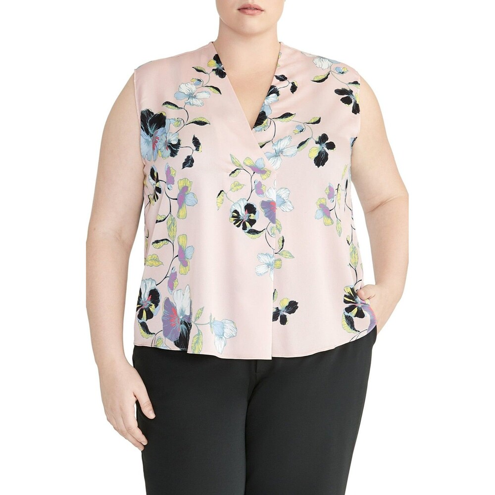 Rachel Ray Collection Floral Print Popover Top - Blush Combo - 1X (14W-16W)